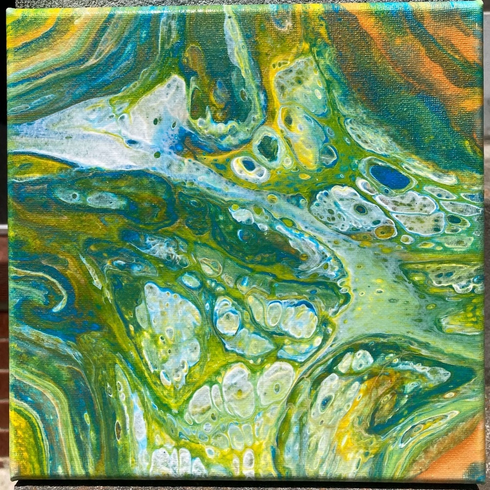 Chimerical 8"x8" Painting by Color Fluent Art (Blue/White/Yellow/Orange)
